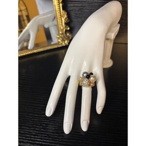 Gold Tone Multi Color Faux Pearl and Rhinestone Cluster Statement Ring Size 8